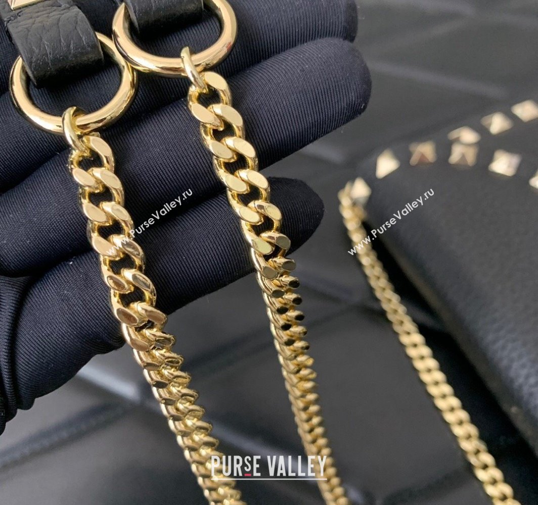 Valentino Rockstud Wallet With Chain in Grainy Calfskin Black 2024 (liankafo-24020138)