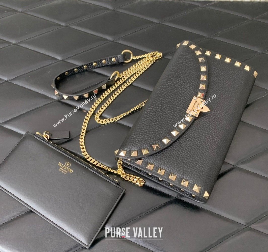 Valentino Rockstud Wallet With Chain in Grainy Calfskin Black 2024 (liankafo-24020138)