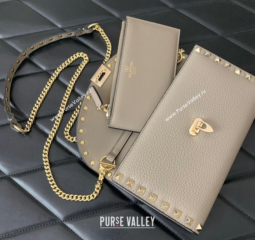 Valentino Rockstud Wallet With Chain in Grainy Calfskin Gray 2024 (liankafo-24020141)