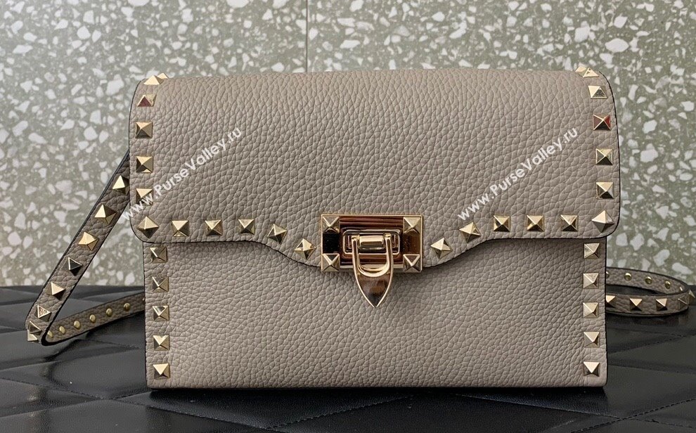 Valentino Small Rockstud Crossbody Bag in Grainy Calfskin Gray 2024 (liankafo-24020150)