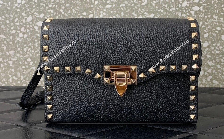 Valentino Small Rockstud Crossbody Bag in Grainy Calfskin Black/Gold 2024 (liankafo-24020147)