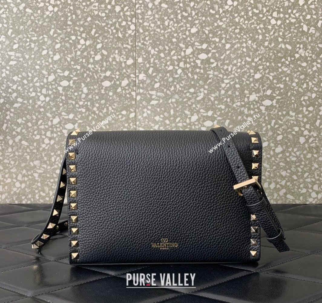 Valentino Small Rockstud Crossbody Bag in Grainy Calfskin Black/Gold 2024 (liankafo-24020147)
