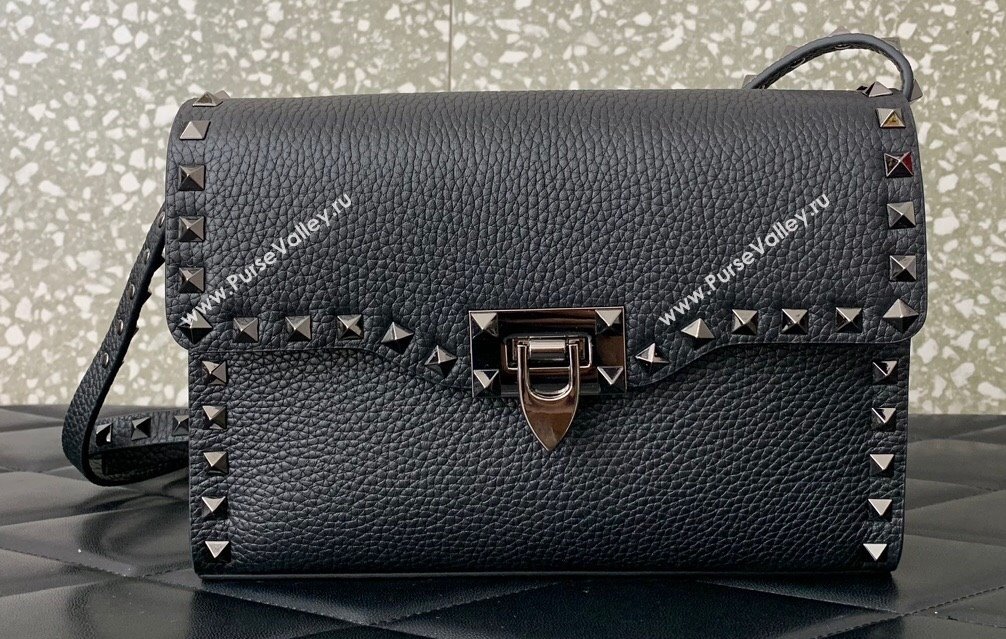 Valentino Small Rockstud Crossbody Bag in Grainy Calfskin Black 2024 (liankafo-24020146)
