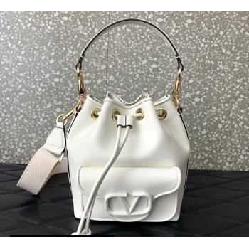 Valentino Locò Bucket Bag In Calfskin Leather White With Enamel Tone-On-Tone Vlogo Signature 2024 (liankafo-24020162)