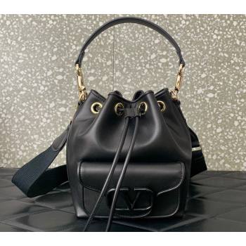 Valentino Locò Bucket Bag In Calfskin Leather Black With Enamel Tone-On-Tone Vlogo Signature 2024 (liankafo-24020161)