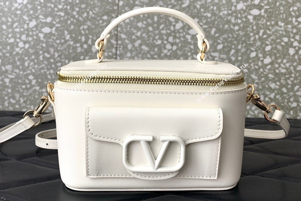 Valentino Mini Locò Handbag In Calfskin Leather White With Enamel Tone-On-Tone Vlogo Signature 2024 (liankafo-24020202)