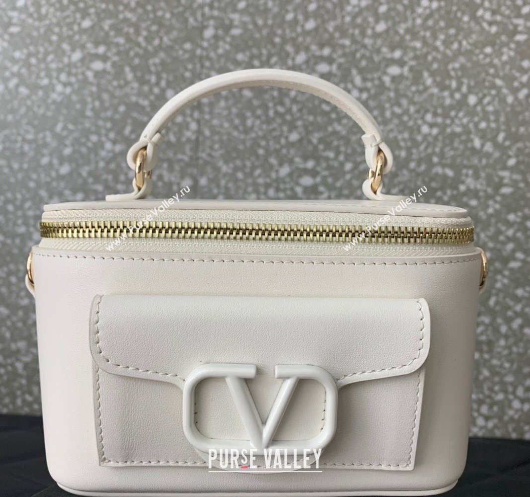 Valentino Mini Locò Handbag In Calfskin Leather White With Enamel Tone-On-Tone Vlogo Signature 2024 (liankafo-24020202)