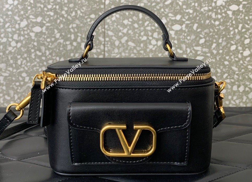 Valentino Mini Locò Handbag In Calfskin Leather Black With Enamel Tone-On-Tone Vlogo Signature 2024 (liankafo-24020201)