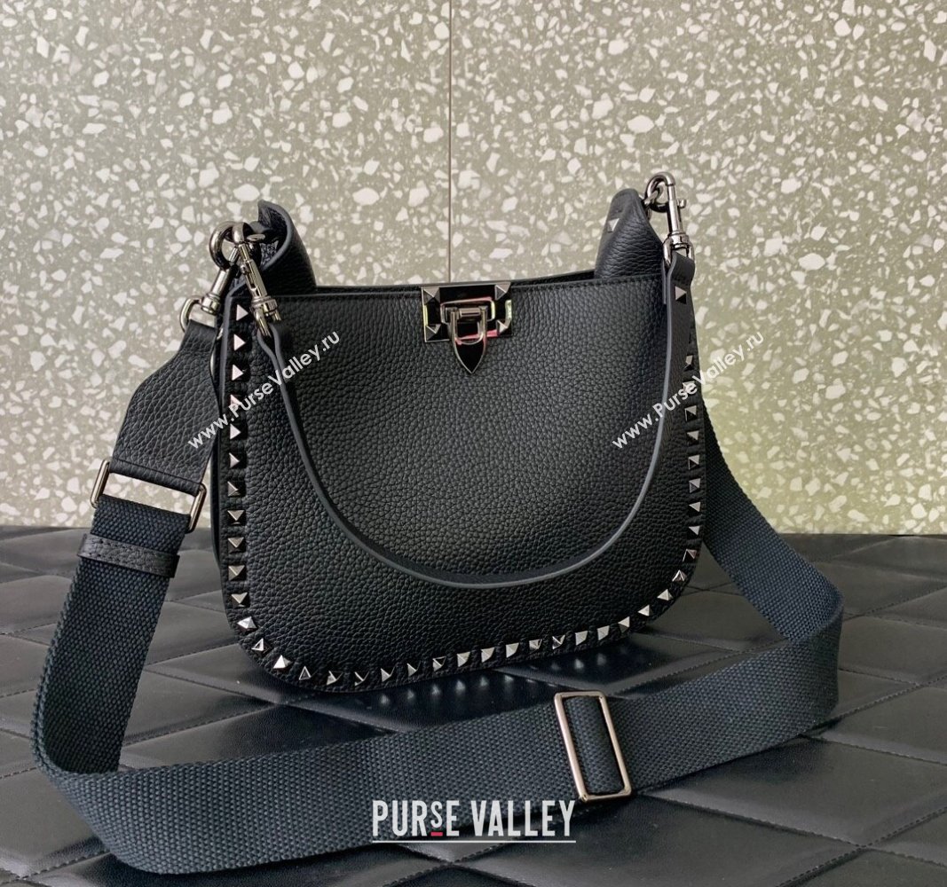 Valentino Rockstud Hobo Bag in Grainy Calfskin Black 2024 (liankafo-24020154)
