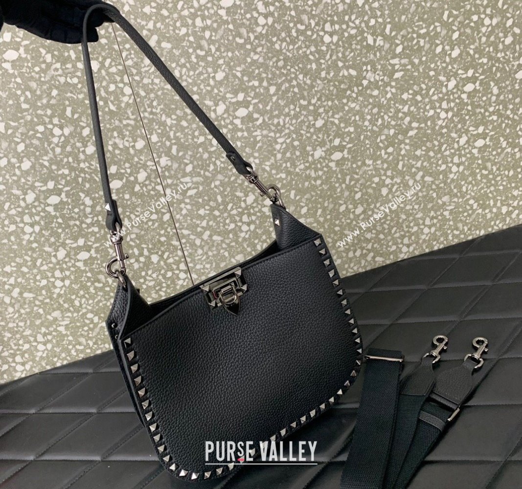 Valentino Rockstud Hobo Bag in Grainy Calfskin Black 2024 (liankafo-24020154)