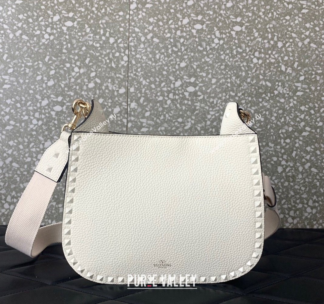 Valentino Rockstud Hobo Bag in Grainy Calfskin White 2024 (liankafo-24020155)