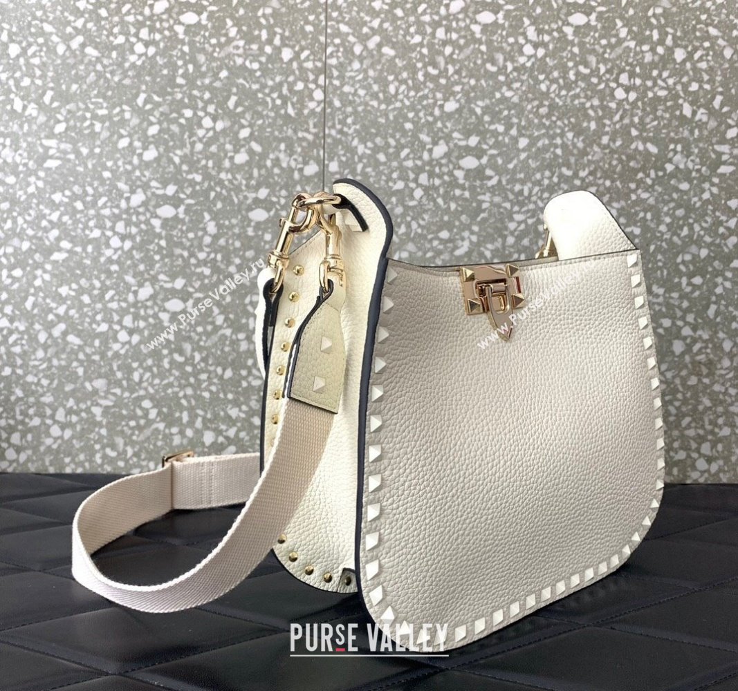 Valentino Rockstud Hobo Bag in Grainy Calfskin White 2024 (liankafo-24020155)