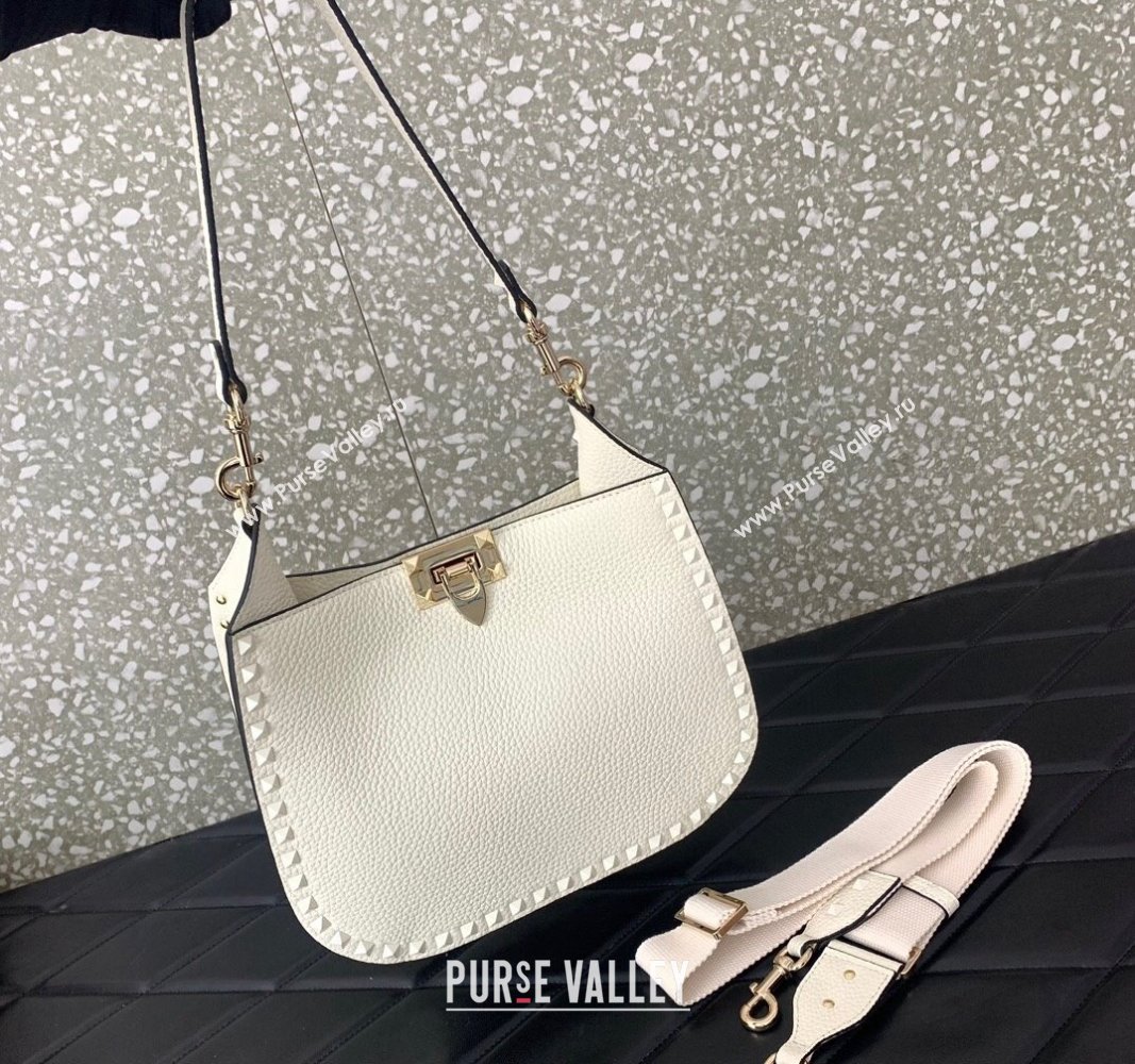 Valentino Rockstud Hobo Bag in Grainy Calfskin White 2024 (liankafo-24020155)