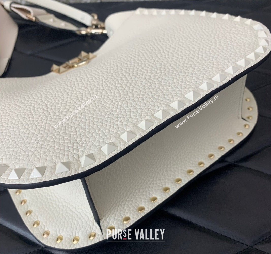 Valentino Rockstud Hobo Bag in Grainy Calfskin White 2024 (liankafo-24020155)