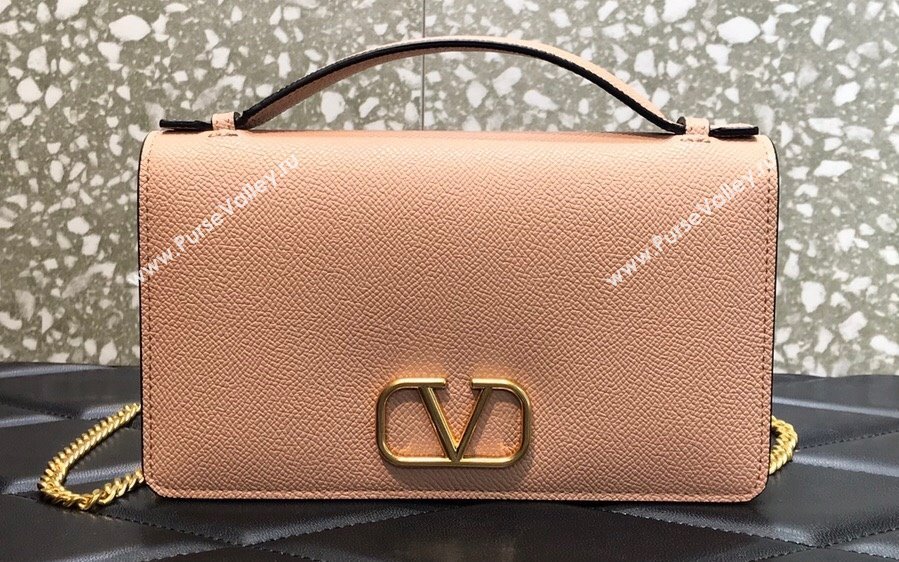 Valentino Vlogo Signature Wallet With Chain in Grainy Calfskin Nude Pink 2024 (liankafo-24020125)