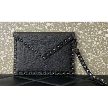 Valentino Rockstud Pouch Clutch Bag in Grainy Calfskin Black 2024 (liankafo-24020128)