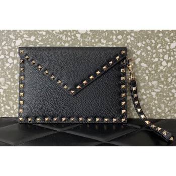 Valentino Rockstud Pouch Clutch Bag in Grainy Calfskin Black/Gold 2024 (liankafo-24020129)
