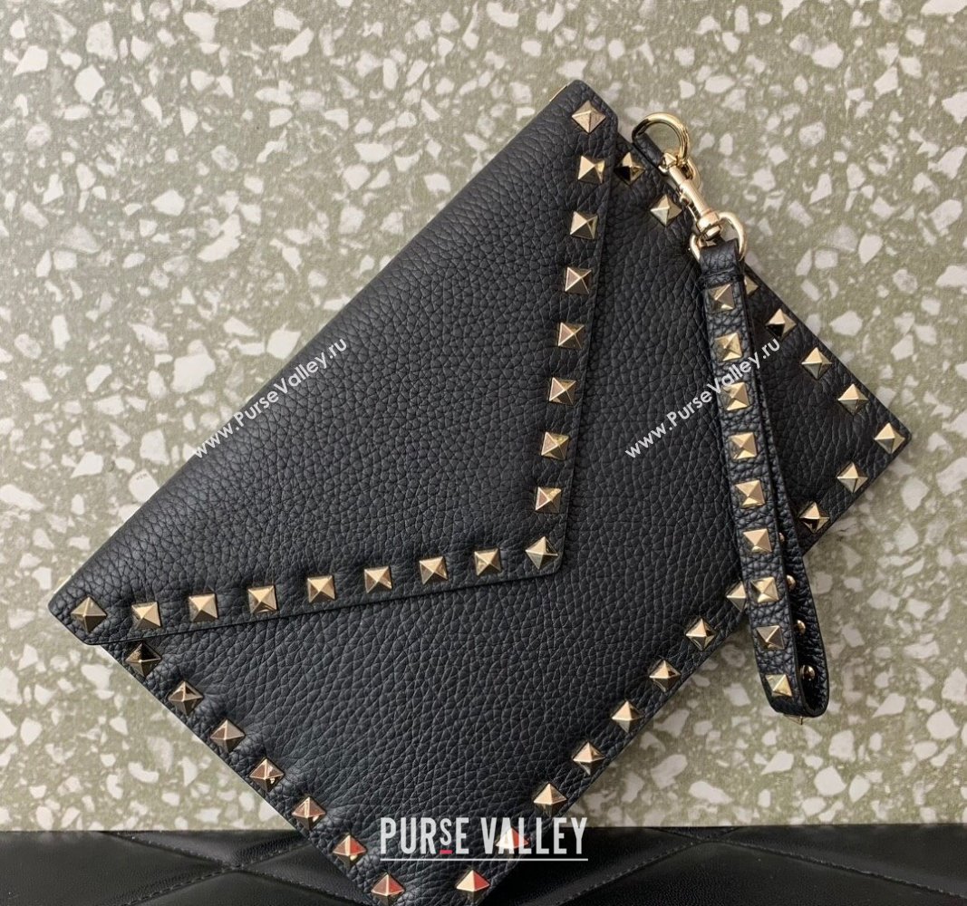 Valentino Rockstud Pouch Clutch Bag in Grainy Calfskin Black/Gold 2024 (liankafo-24020129)