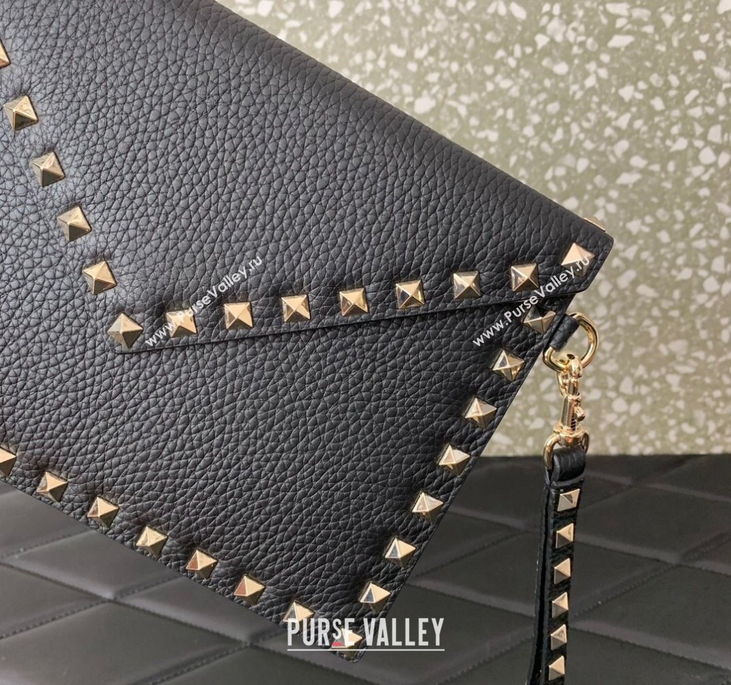 Valentino Rockstud Pouch Clutch Bag in Grainy Calfskin Black/Gold 2024 (liankafo-24020129)