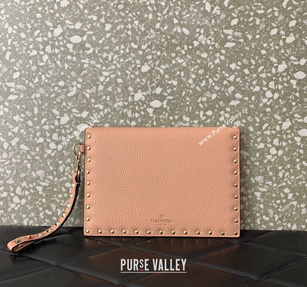 Valentino Rockstud Pouch Clutch Bag in Grainy Calfskin Nude Pink 2024 (liankafo-24020132)