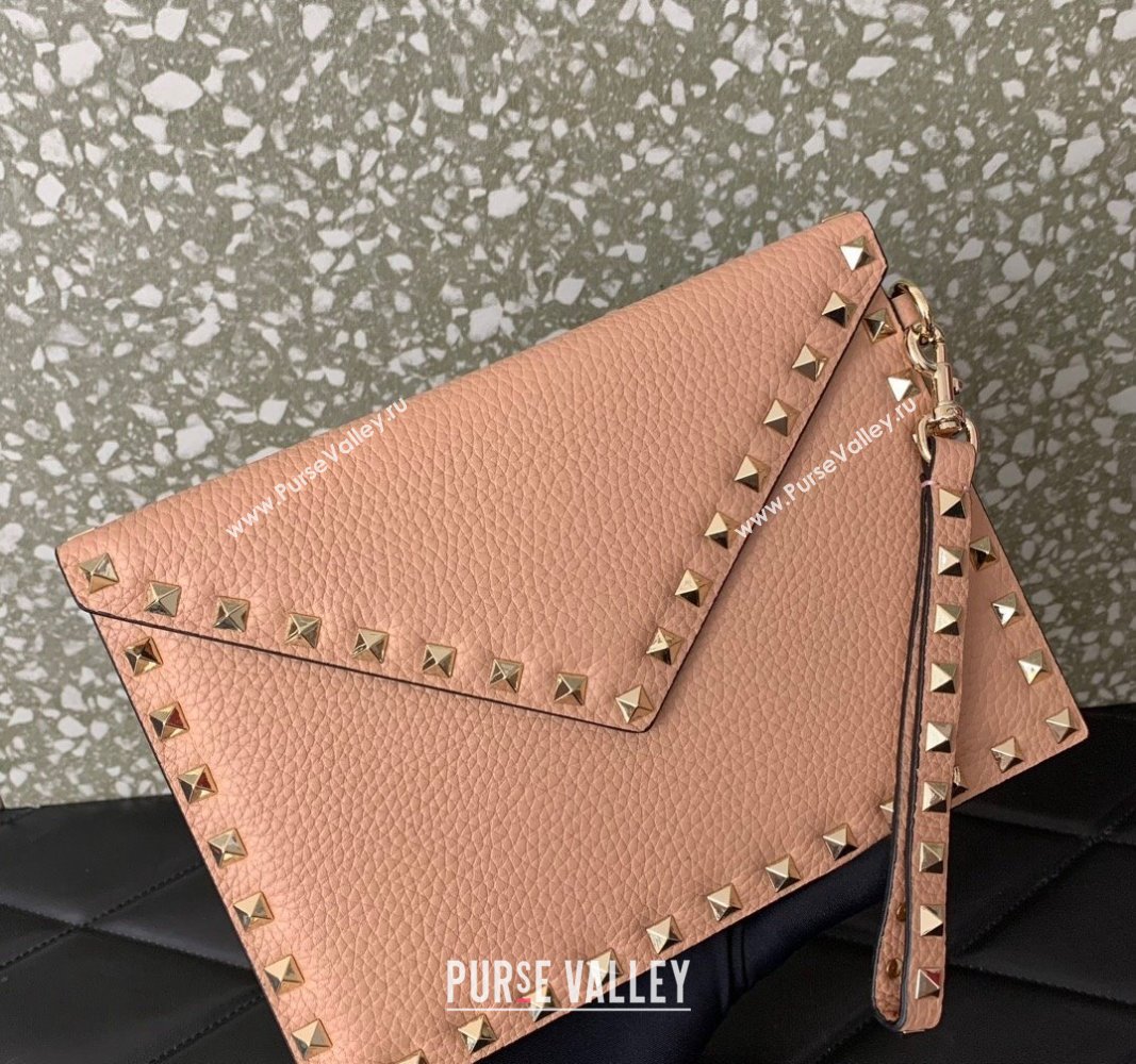 Valentino Rockstud Pouch Clutch Bag in Grainy Calfskin Nude Pink 2024 (liankafo-24020132)