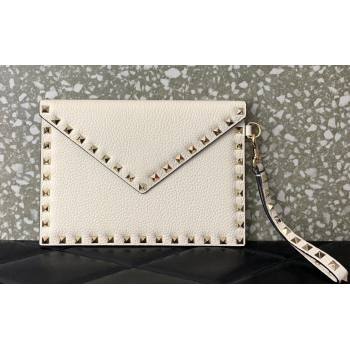 Valentino Rockstud Pouch Clutch Bag in Grainy Calfskin White 2024 (liankafo-24020130)