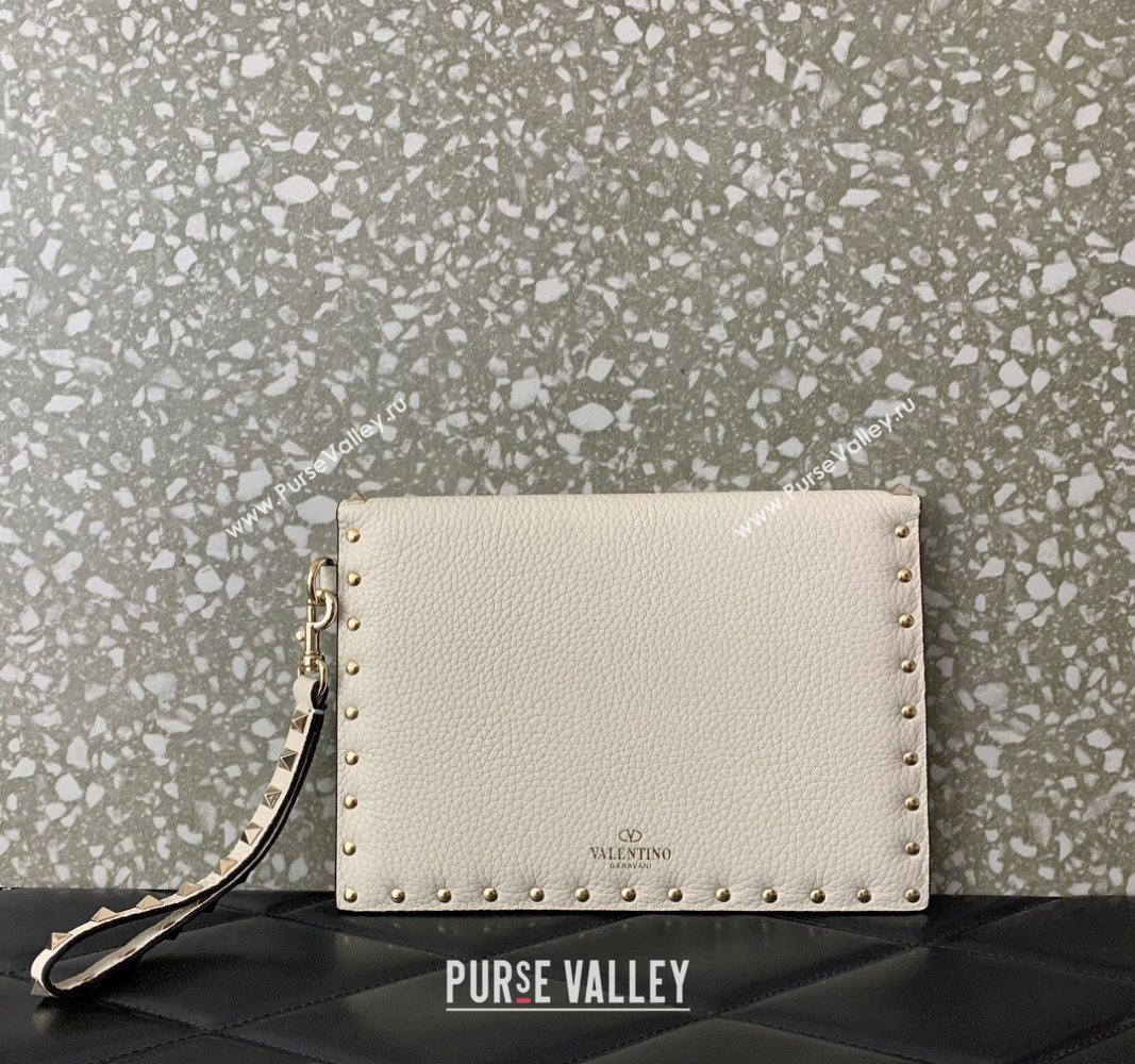 Valentino Rockstud Pouch Clutch Bag in Grainy Calfskin White 2024 (liankafo-24020130)