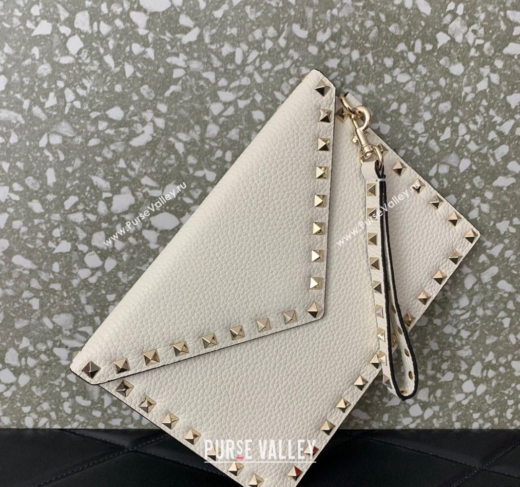 Valentino Rockstud Pouch Clutch Bag in Grainy Calfskin White 2024 (liankafo-24020130)