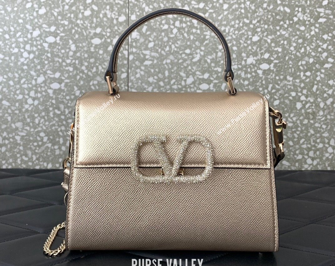 Valentino small VSLING Handbag in metallic Gold grainy calfskin with VLogo Signature crystals 2024 (liankafo-24020104)