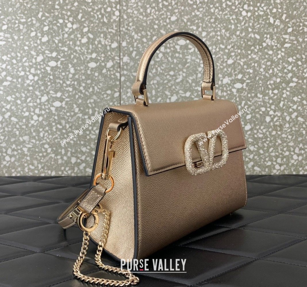 Valentino small VSLING Handbag in metallic Gold grainy calfskin with VLogo Signature crystals 2024 (liankafo-24020104)