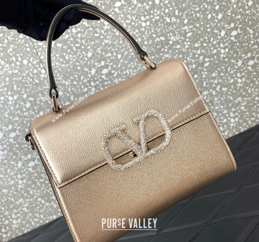 Valentino small VSLING Handbag in metallic Gold grainy calfskin with VLogo Signature crystals 2024 (liankafo-24020104)