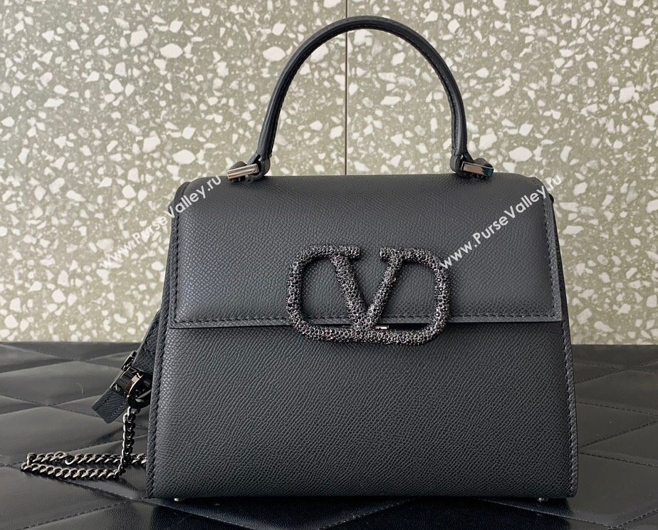 Valentino small VSLING Handbag in grainy calfskin Black with JEWEL EMBROIDERY 2024 (liankafo-24020101)