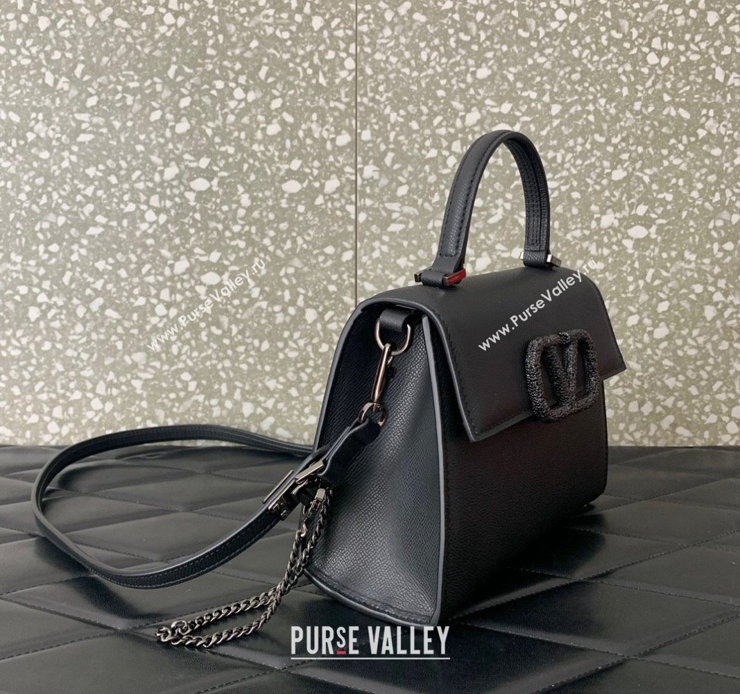 Valentino small VSLING Handbag in grainy calfskin Black with JEWEL EMBROIDERY 2024 (liankafo-24020101)