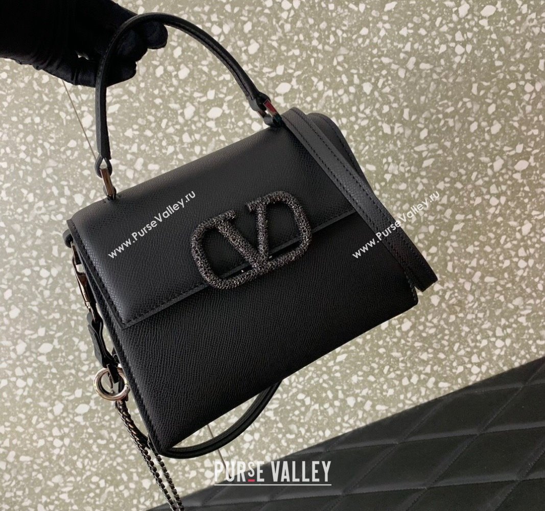 Valentino small VSLING Handbag in grainy calfskin Black with JEWEL EMBROIDERY 2024 (liankafo-24020101)