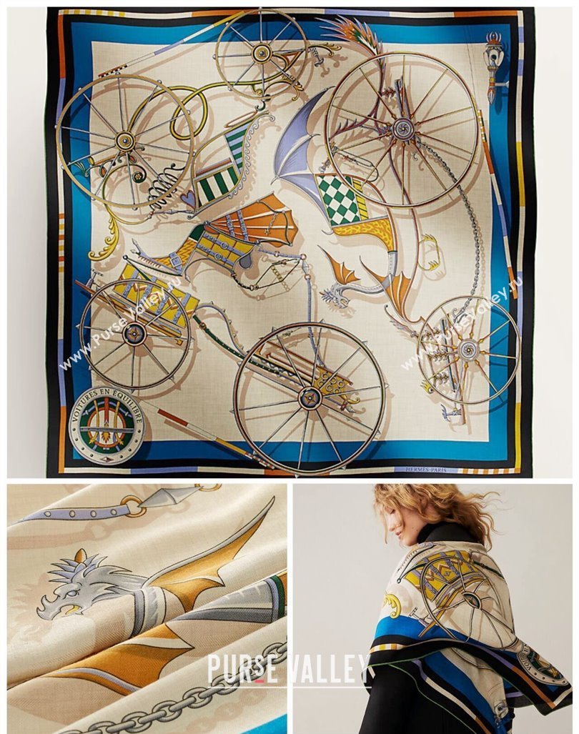 Hermes Voitures en Equilibre scarf 90x90cm in silk twill Blue 2024 (wtz-24013115)