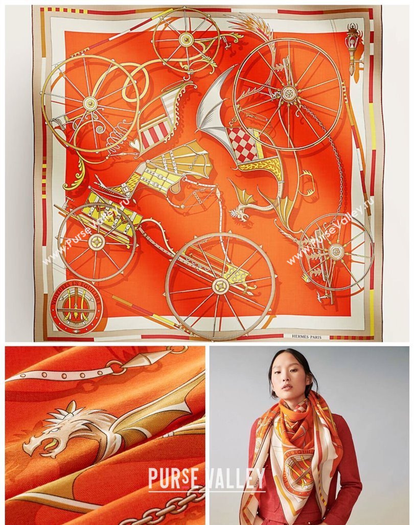 Hermes Voitures en Equilibre scarf 90x90cm in silk twill Orange 2024 (wtz-24013116)