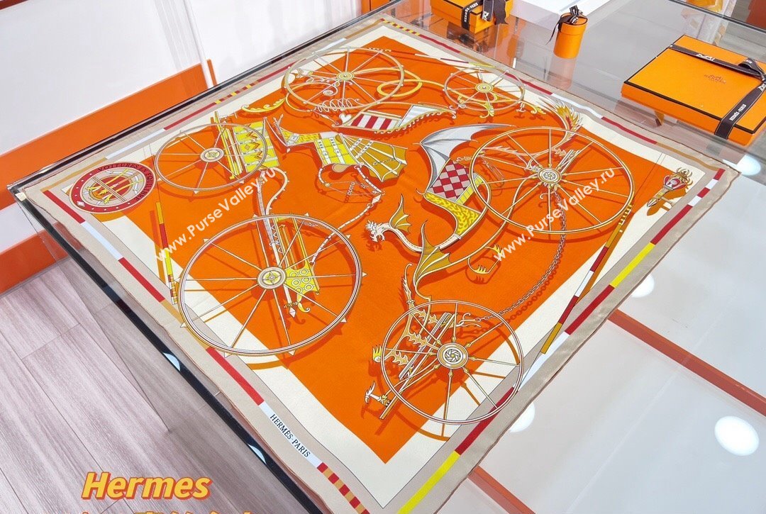 Hermes Voitures en Equilibre scarf 90x90cm in silk twill Orange 2024 (wtz-24013116)