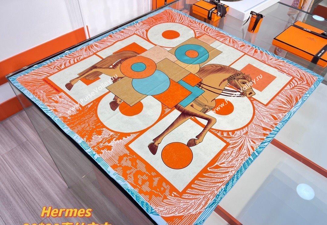 Hermes Cavalier en Formes scarf 90x90cm in silk twill Orange 2024 (wtz-24013102)