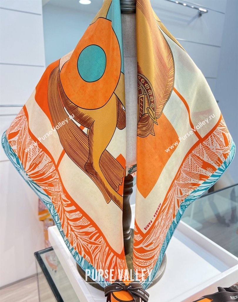 Hermes Cavalier en Formes scarf 90x90cm in silk twill Orange 2024 (wtz-24013102)