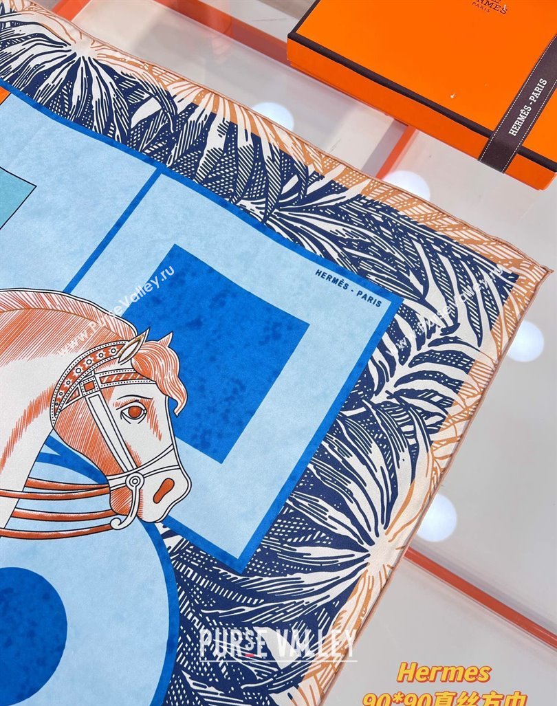 Hermes Cavalier en Formes scarf 90x90cm in silk twill Blue 2024 (wtz-24013103)