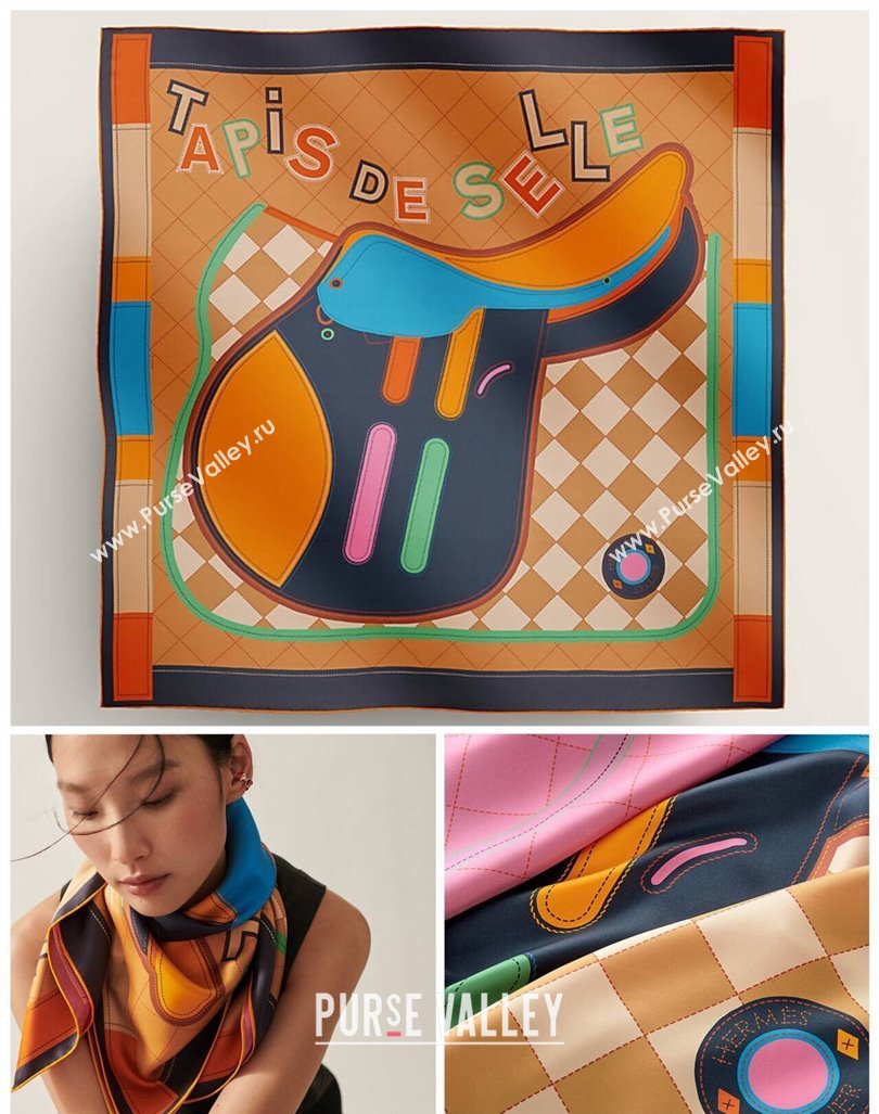 Hermes Tapis de Selle double face scarf 90x90cm in silk twill Yellow 2024 (wtz-24013108)