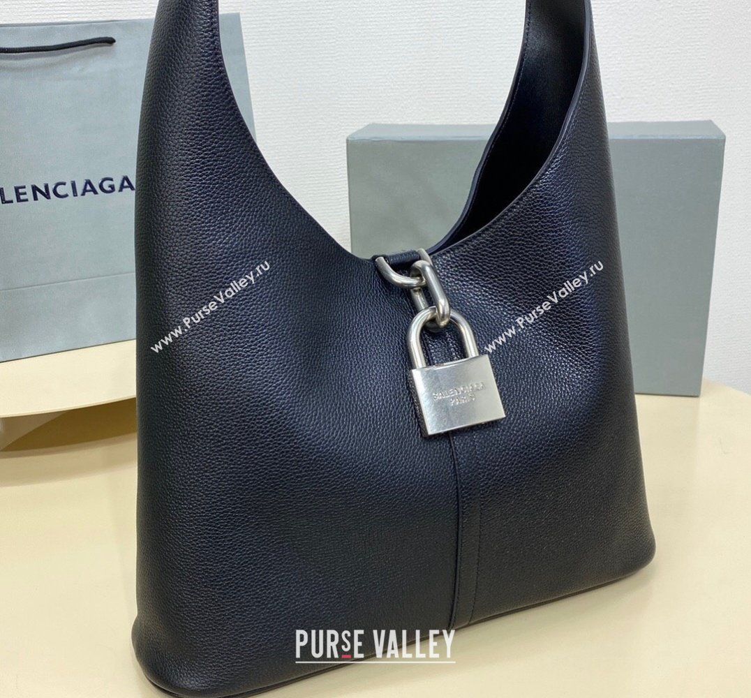 Balenciaga Locker Medium North-South Hobo Bag in black/Silver grained calfskin 2024 (xinyidai-24020249)