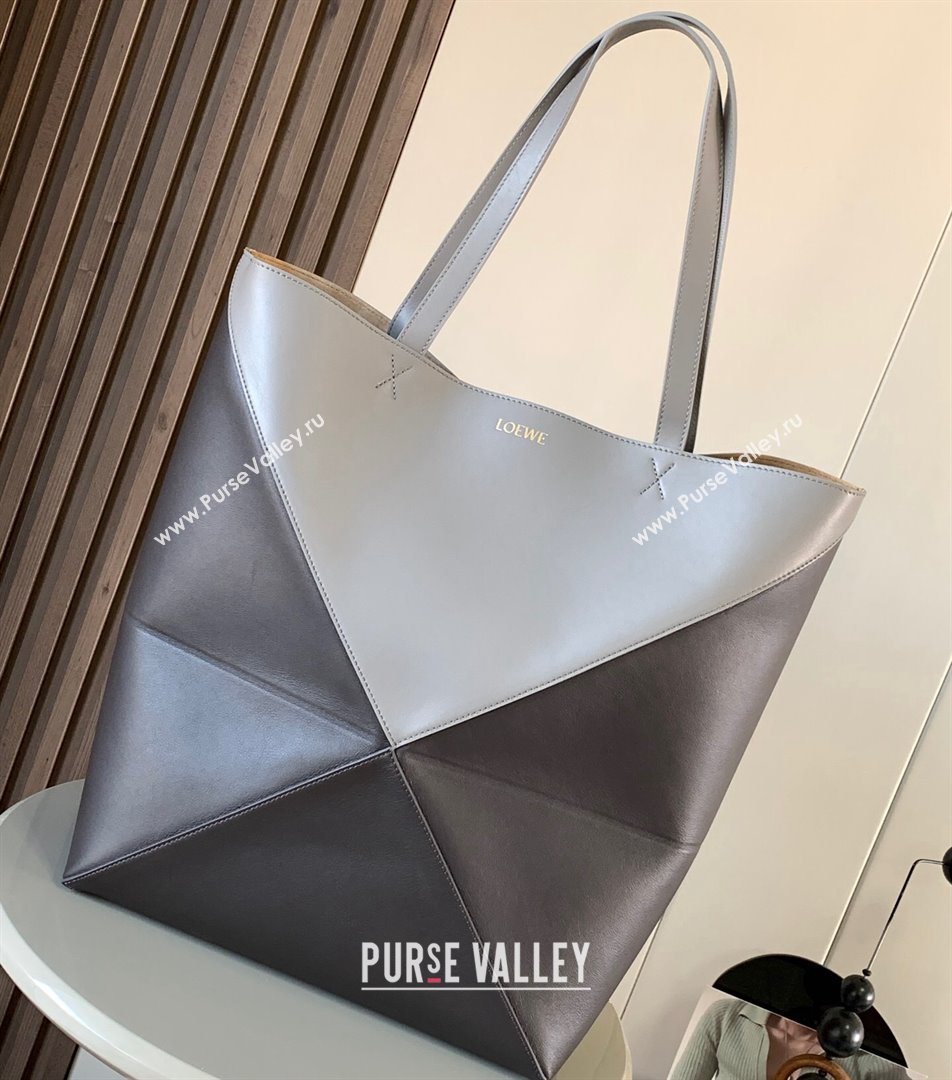 Loewe Large Puzzle Fold Tote Bag in shiny calfskin Black/Gray 2024 (xinyidai-24020241)