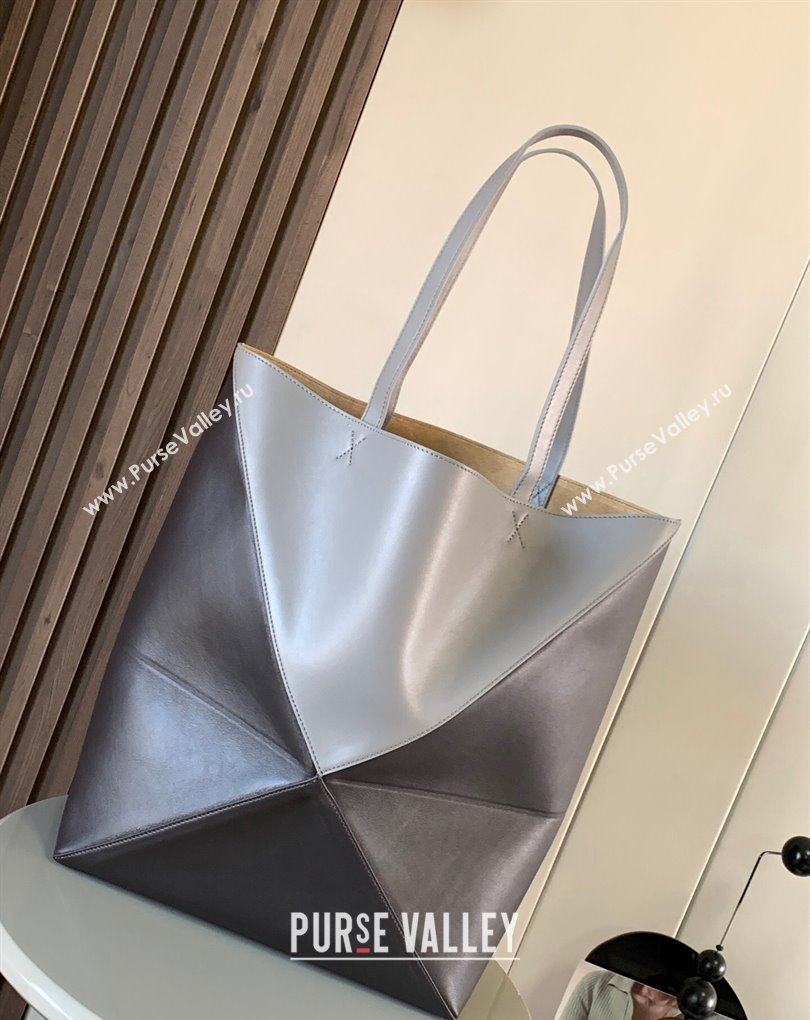 Loewe Large Puzzle Fold Tote Bag in shiny calfskin Black/Gray 2024 (xinyidai-24020241)