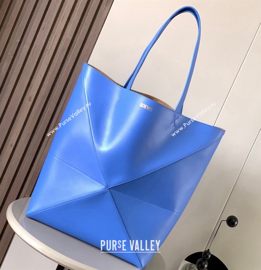 Loewe Large Puzzle Fold Tote Bag in shiny calfskin Blue 2024 (xinyidai-24020242)