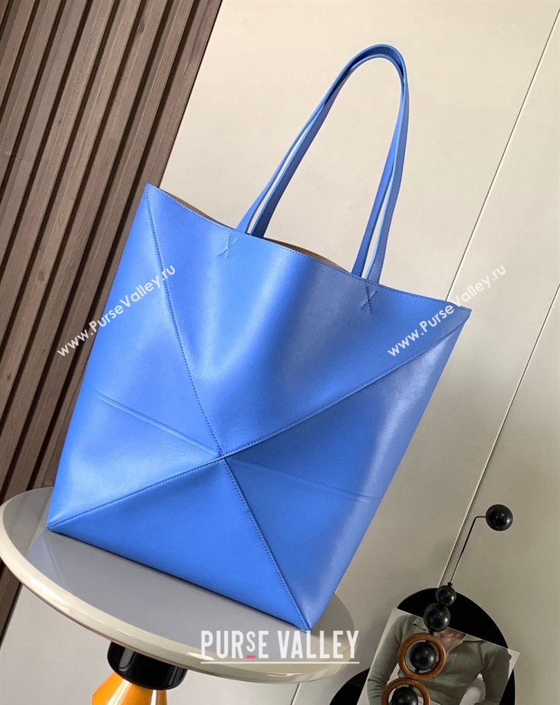 Loewe Large Puzzle Fold Tote Bag in shiny calfskin Blue 2024 (xinyidai-24020242)