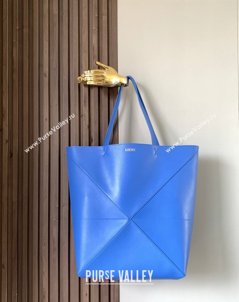 Loewe Large Puzzle Fold Tote Bag in shiny calfskin Blue 2024 (xinyidai-24020242)