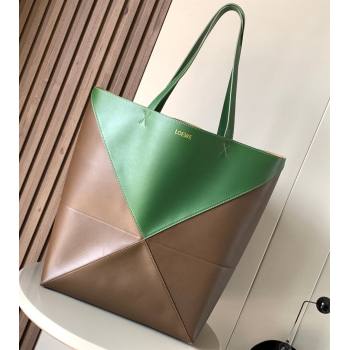Loewe Large Puzzle Fold Tote Bag in shiny calfskin Brown/Green 2024 (xinyidai-24020243)