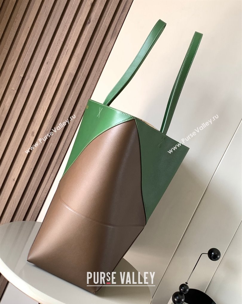 Loewe Large Puzzle Fold Tote Bag in shiny calfskin Brown/Green 2024 (xinyidai-24020243)