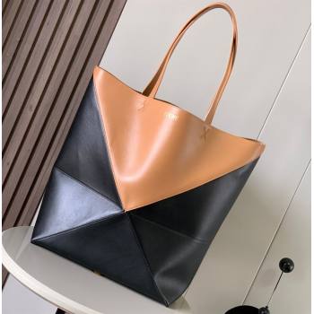 Loewe Large Puzzle Fold Tote Bag in shiny calfskin Black/Brown 2024 (xinyidai-24020245)